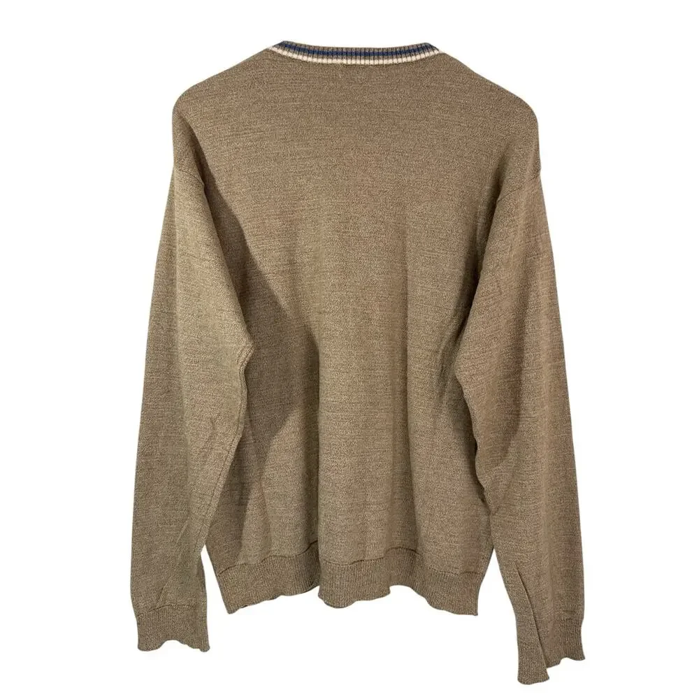 J.Crew Men’s Merino Wool Cotton V-Neck Sweater Tan Brown Blue Trim XL